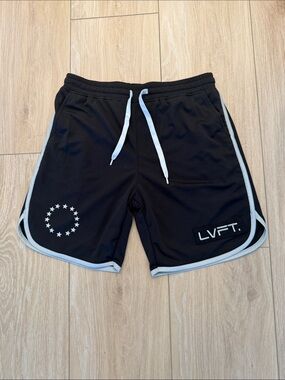 LVFT. Men's Black Athletic Shorts with White Trim and Drawstring Live Fit